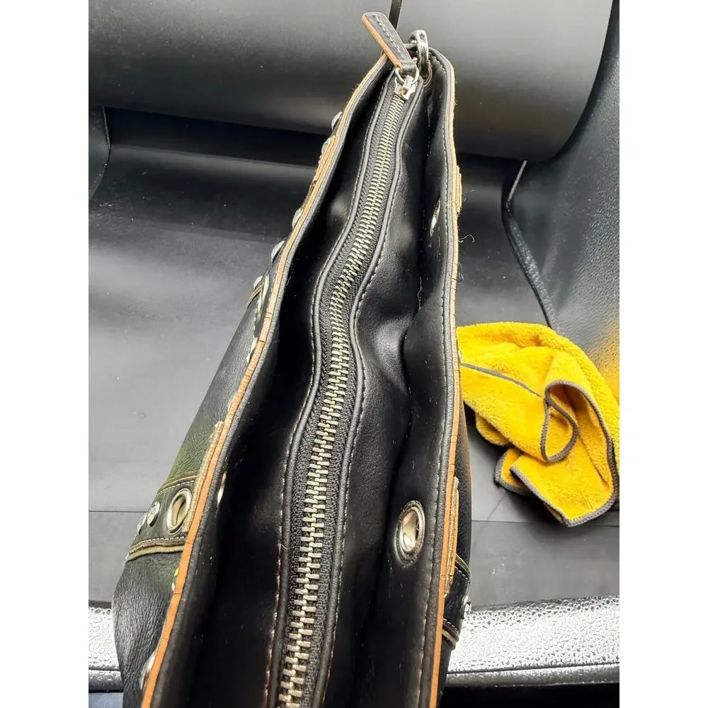 Franco Sarto Black Leather Studded Grommet Tote Shoulder Bag